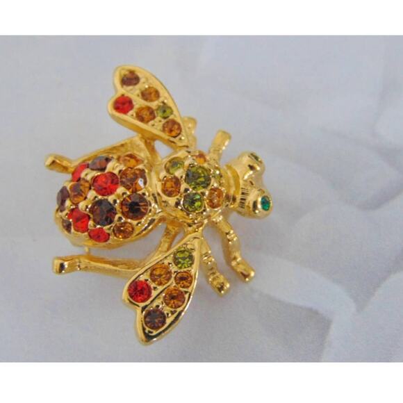 Joan Rivers Pave Crystal BEE PIN Brooch Multi Color Rhinestones Gold Plate - Picture 3 of 5